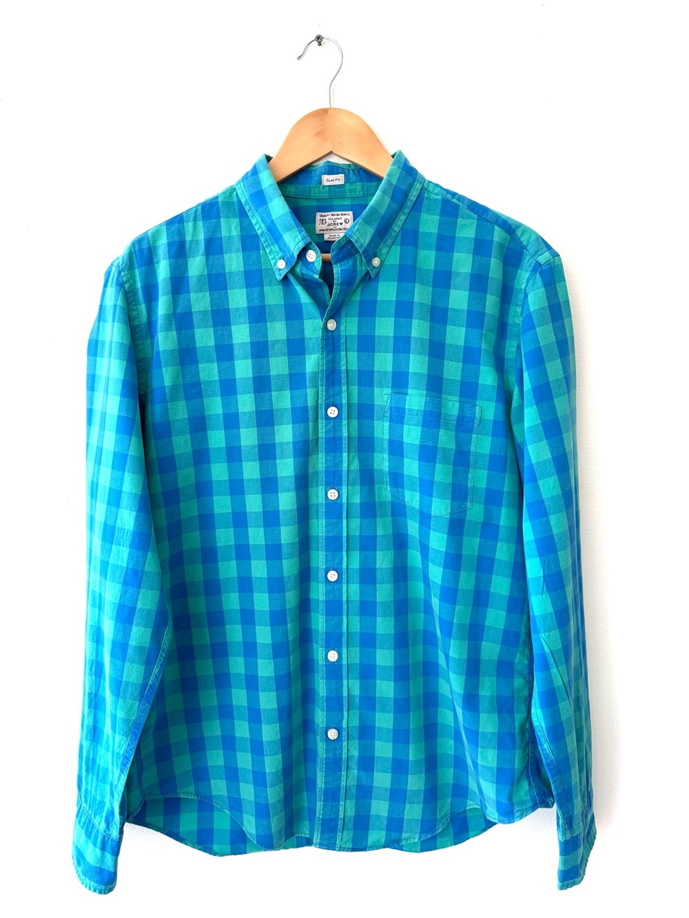 J Crew Slim Fit Teal Blue Gingham Checked Cotton Casual Shirt L Preppy Coastal